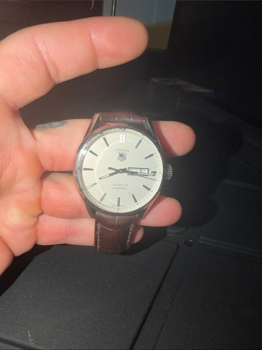 Tag Heuer Carrera Silver Case with Cream Dial and Brown Strap - Picture 1 of 3